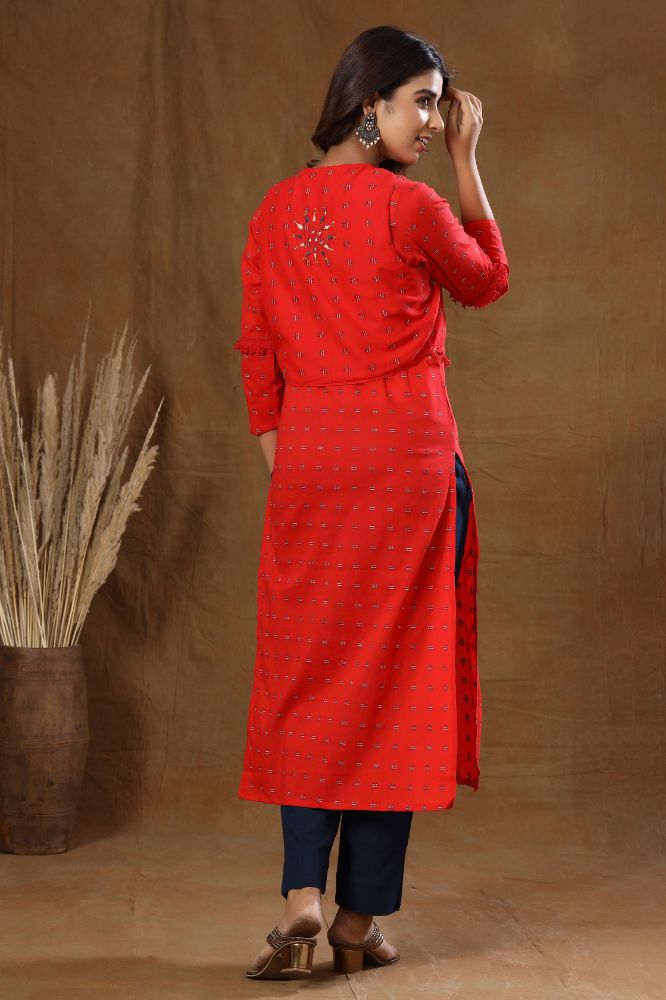 Kaajh Red Printed Jacket Kurta Pant Set For Women - Distacart