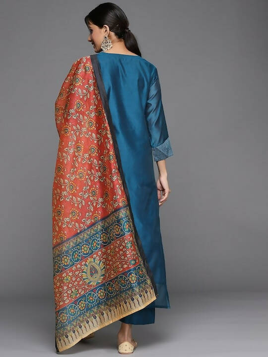 Varanga Women Teal Blue & Silver Zari Yoke Straight Kurta with Trousers & With Dupatta - Distacart