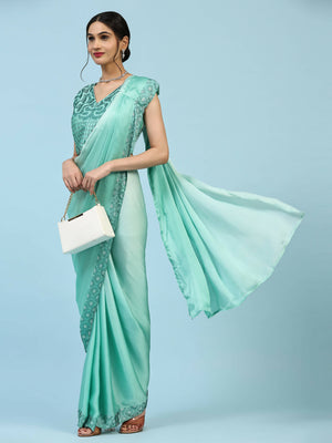 Sea Green Saree With Sleeveless Contrast Blouse – Dresstive