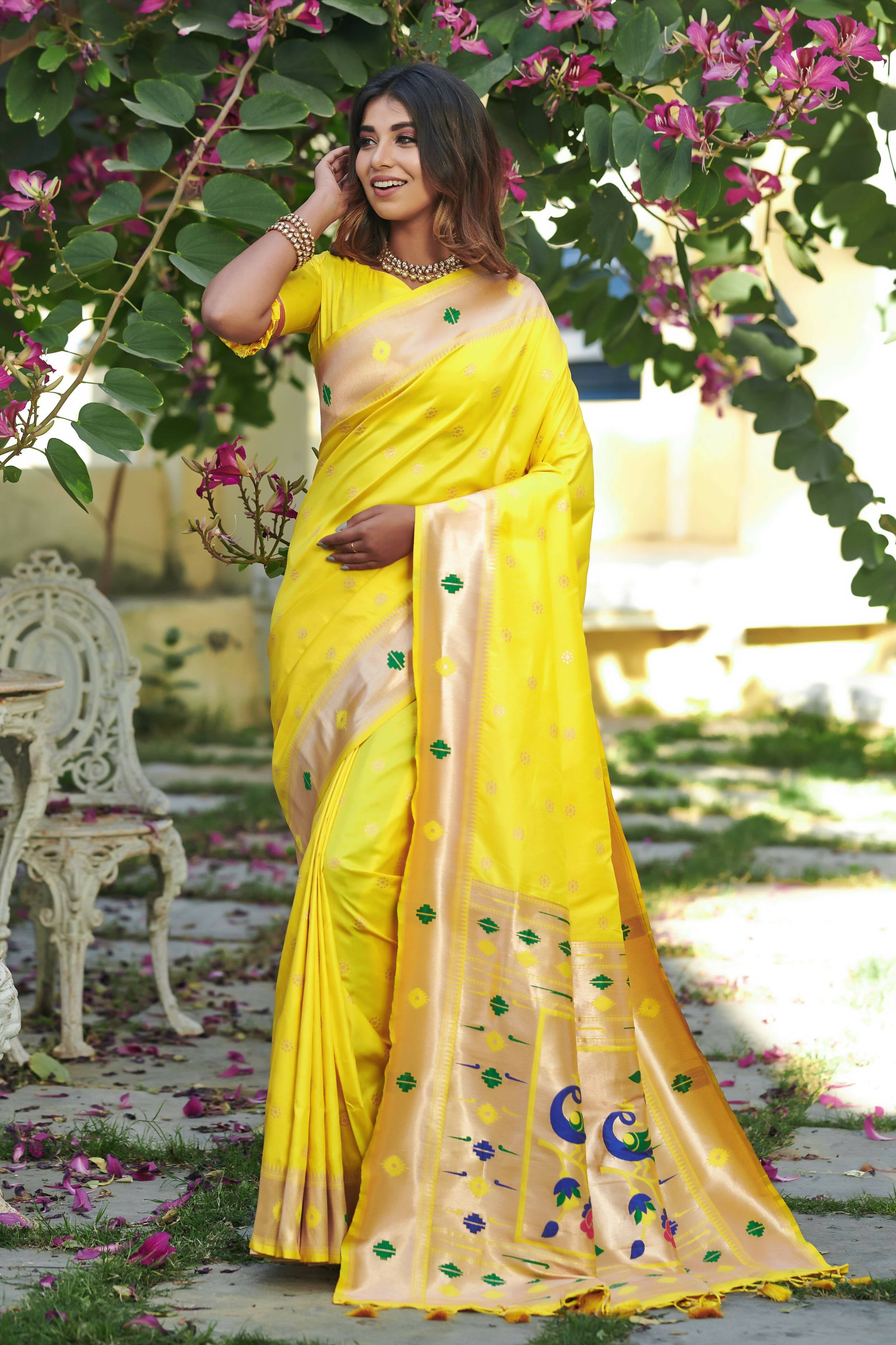 Golden Yellow Paithani Silk Saree | Saree wearing styles, Silk sarees, Saree