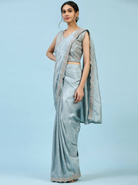 Thumbnail for Sky Blue Silk Satin Plain Ready to wear Saree with stitched Blouse - Vrinda - Distacart