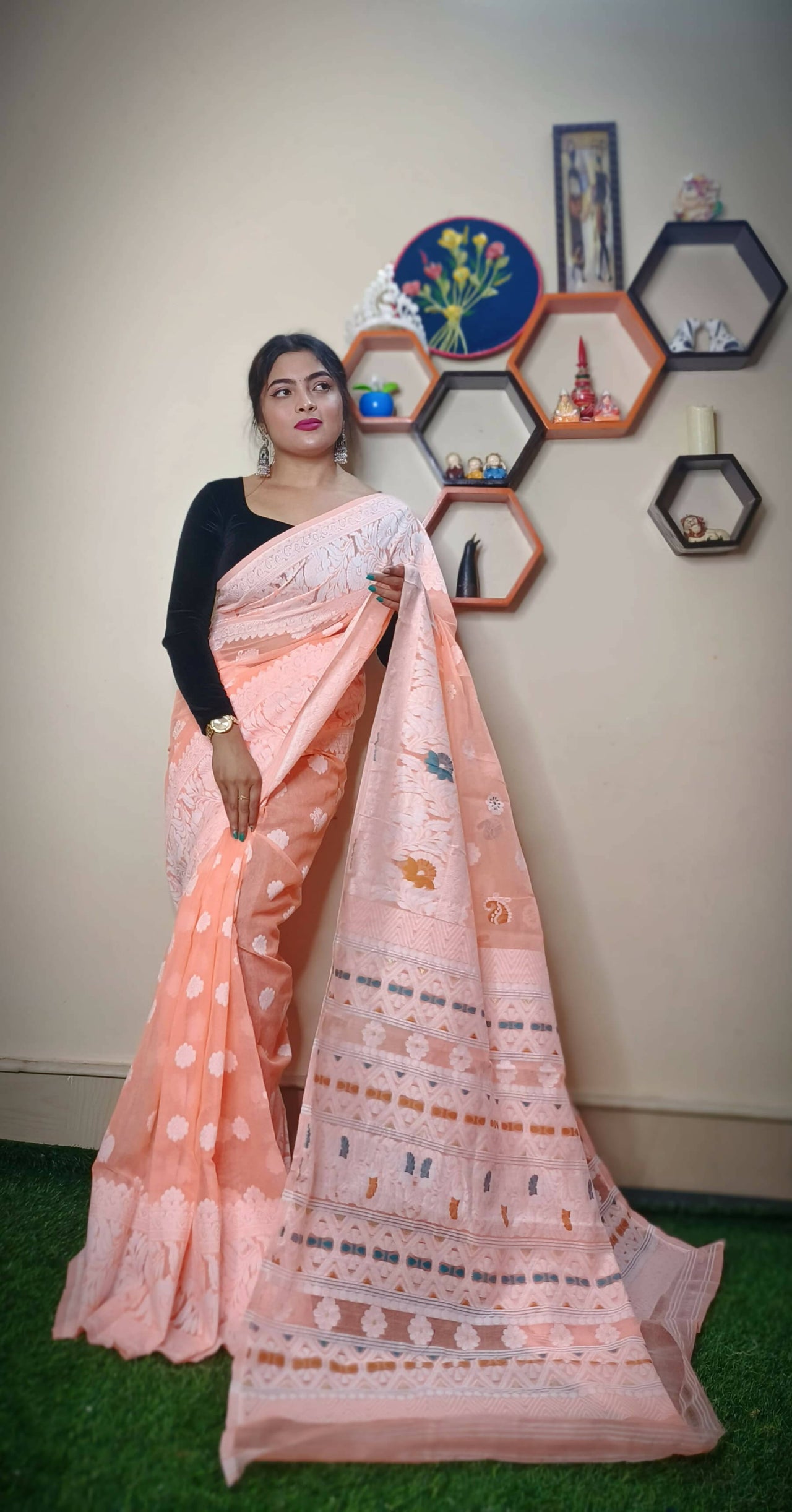 Exclusive Collection Handloom Dhakai Jamdani Saree - Light Orange - Distacart