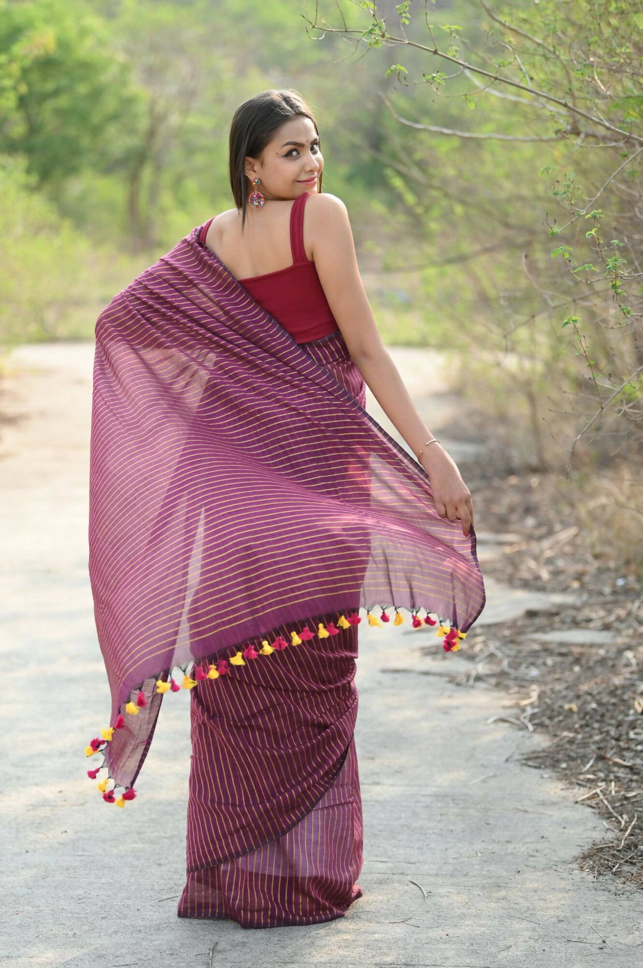 Very Much Indian Designer Pure Cotton Saree With All Over Linear Stripes - Maroon - Distacart