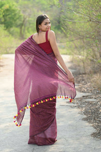 Thumbnail for Very Much Indian Designer Pure Cotton Saree With All Over Linear Stripes - Maroon - Distacart