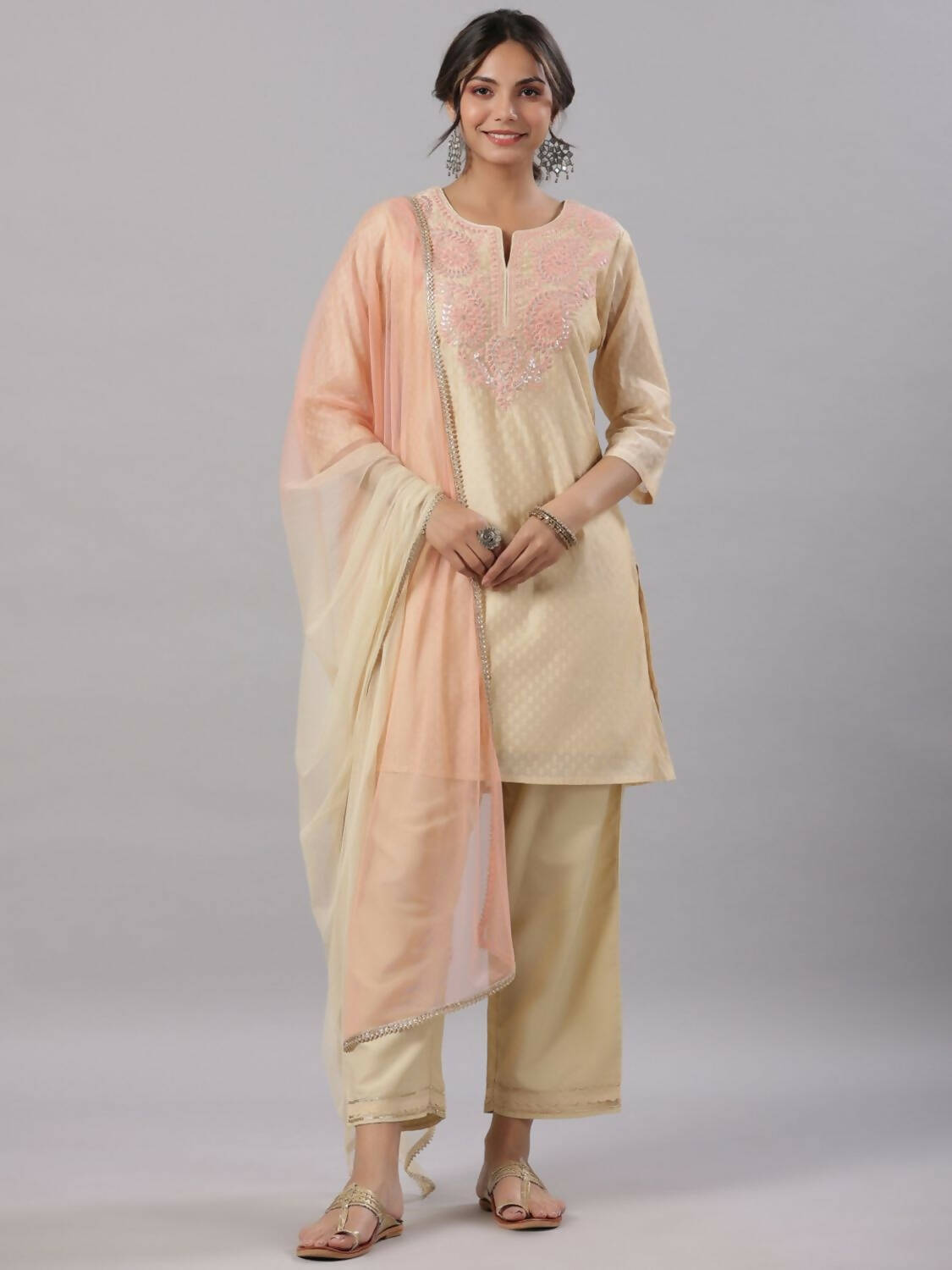 Juniper Women Gold Modal Chanderi Embroidered Kurta, Pants and Dupatta Set - Distacart