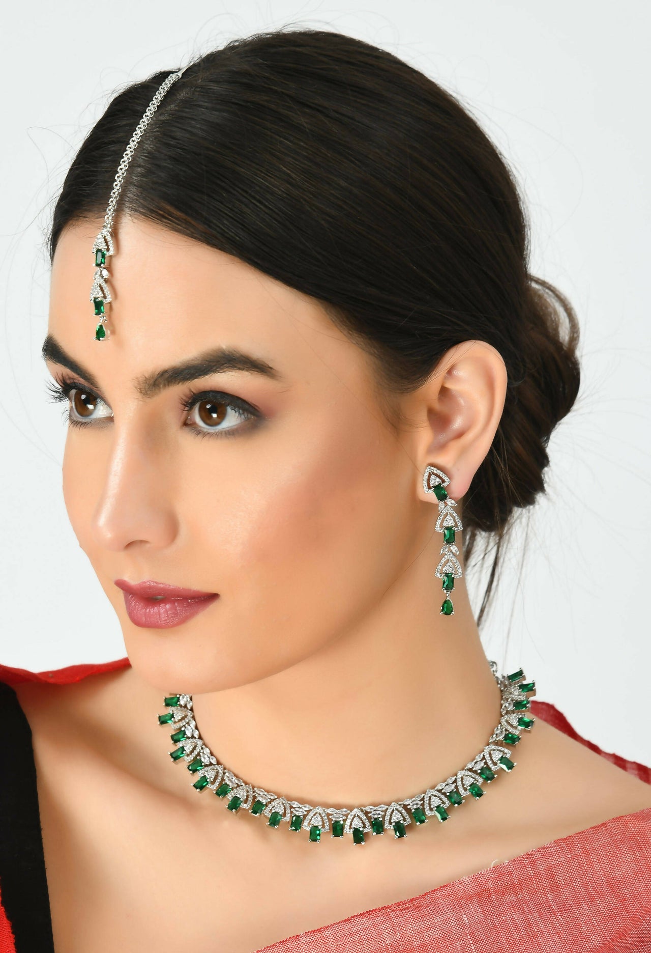 Mominos Fashion Johar Kamal Silver-Plated American Diamond Green Choker Set - Distacart
