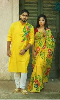 Thumbnail for Exclusive Collection Elegant Hand Printing Designe On Pure Cotton Saree And Men's Kurta - Yellow - Distacart