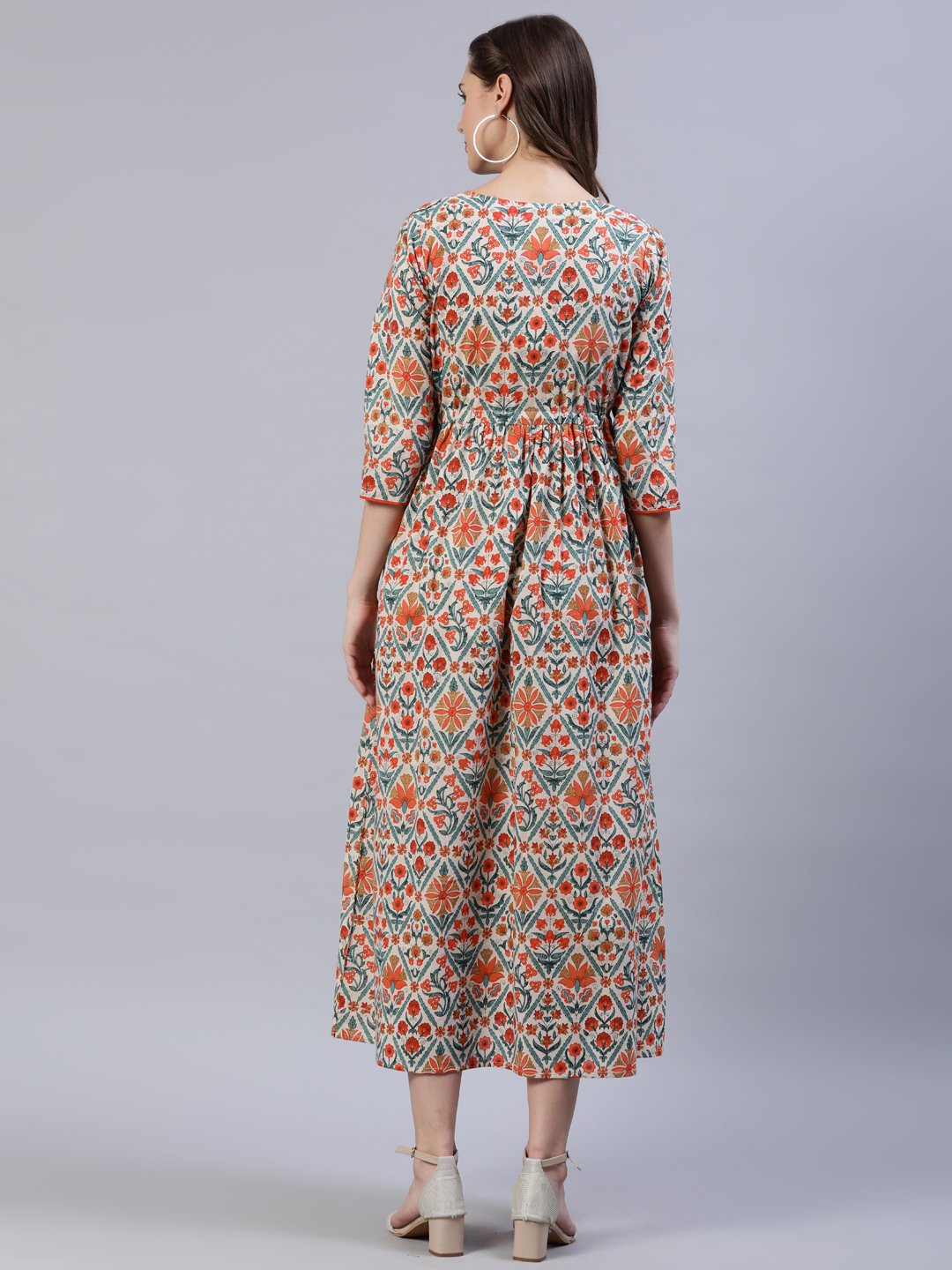 NOZ2TOZ Women Off-White Printed Dress With Three Quarter Sleeves - Distacart