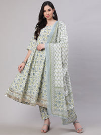 Thumbnail for NOZ2TOZ Women Off-White Floral Printed Flared Kurta With Trouser And Dupatta - Distacart