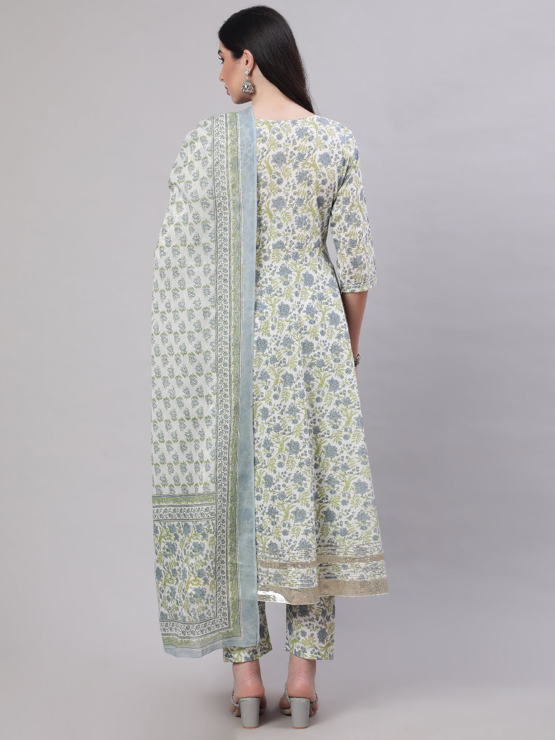 NOZ2TOZ Women Off-White Floral Printed Flared Kurta With Trouser And Dupatta - Distacart