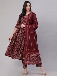 Thumbnail for NOZ2TOZ Women Burgundy Floral Printed Flared Kurta With Trouser And Dupatta - Distacart