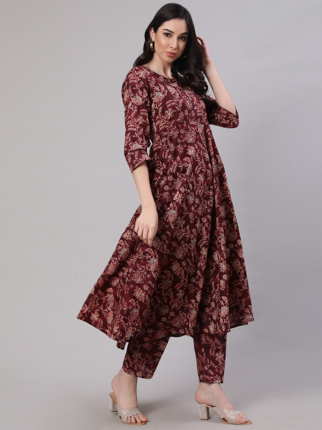 NOZ2TOZ Women Burgundy Floral Printed Flared Kurta With Trouser And Dupatta - Distacart