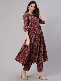 Thumbnail for NOZ2TOZ Women Burgundy Floral Printed Flared Kurta With Trouser And Dupatta - Distacart