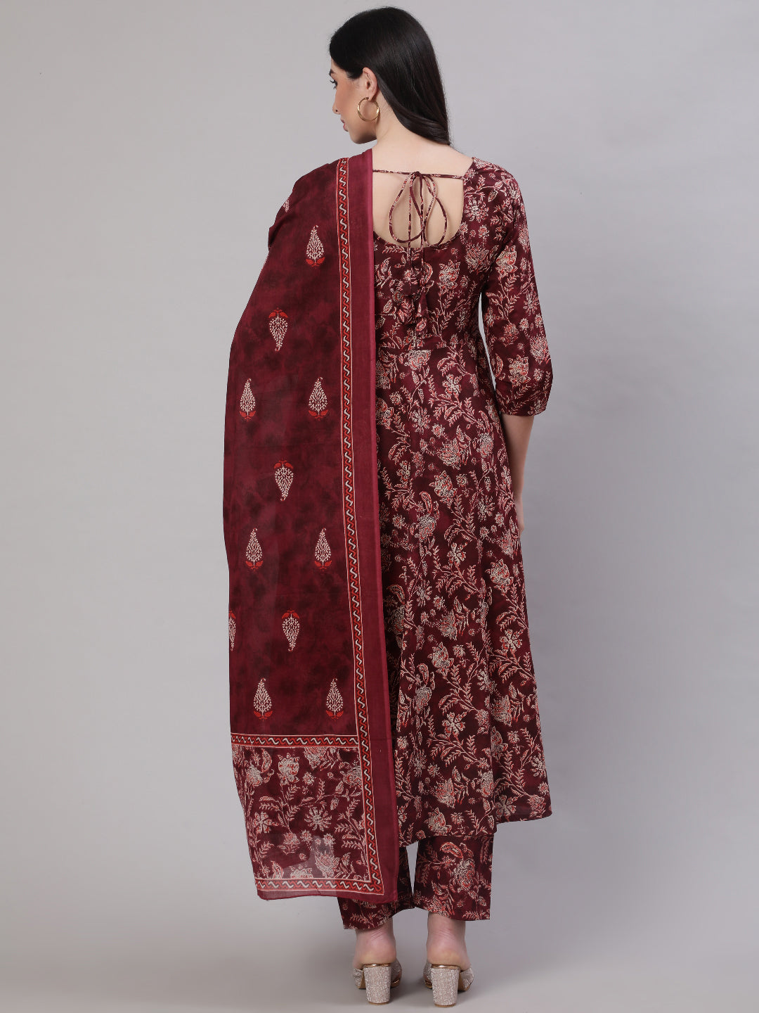 NOZ2TOZ Women Burgundy Floral Printed Flared Kurta With Trouser And Dupatta - Distacart