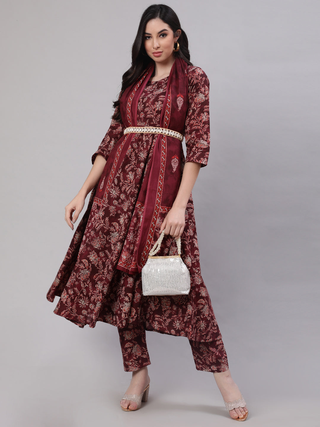 NOZ2TOZ Women Burgundy Floral Printed Flared Kurta With Trouser And Dupatta - Distacart