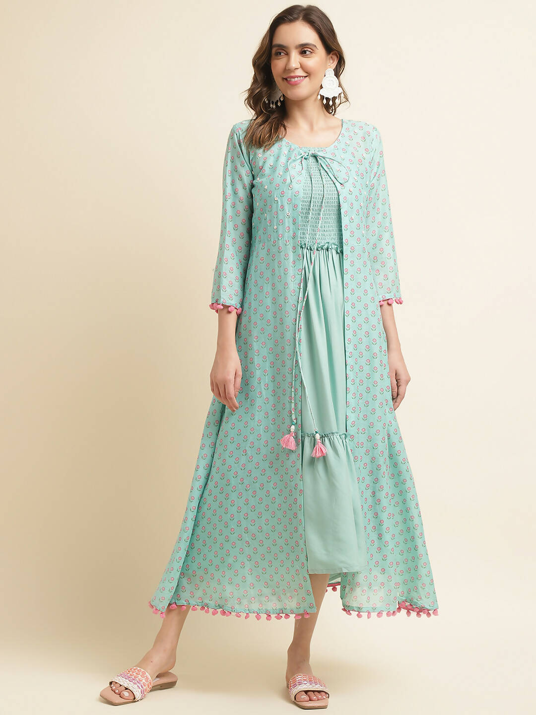 Sea Green Cotton Solid Flared Dress with Printed Shrug - Yukti - Distacart