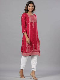 Thumbnail for Juniper Women Fuchsia Rayon Printed Knee Length Straight Kurta - Distacart