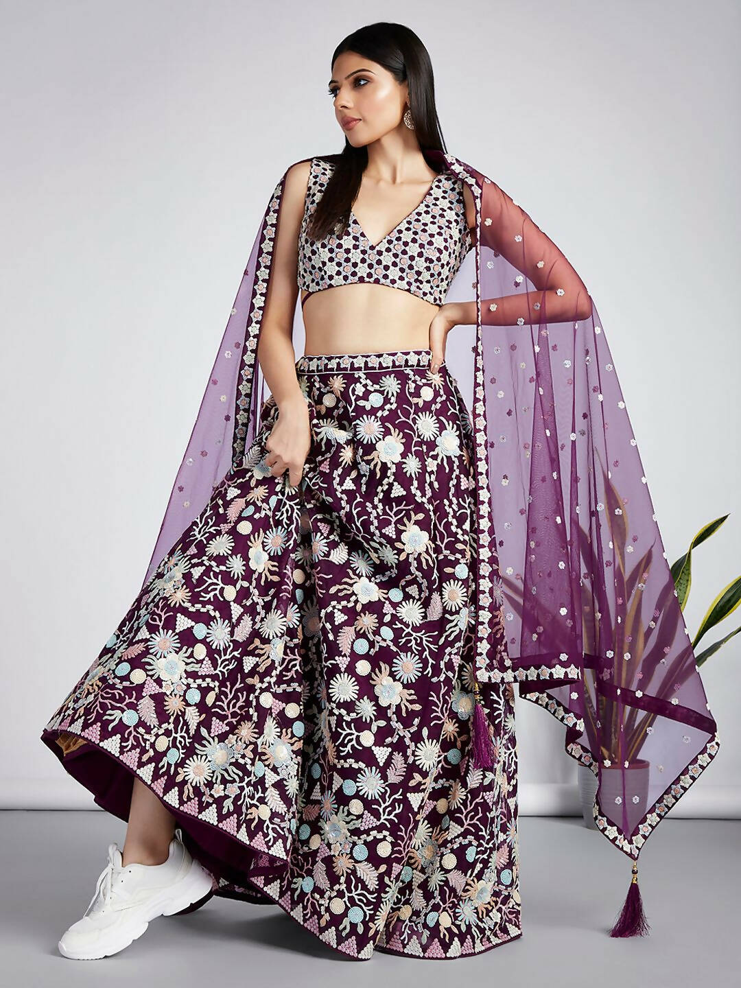 House of Panchhi Burgundy Net heavy Sequinse embroidery Semi-Stitched Lehenga choli & Dupatta - Distacart