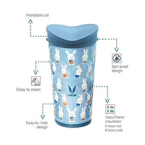 Vaya Drynk Stainless Steel Strawless Silicone Bunnies Print Spout Tumbler With Spill-Proof Pediasafe Lid - 350ml (Blue) - Distacart