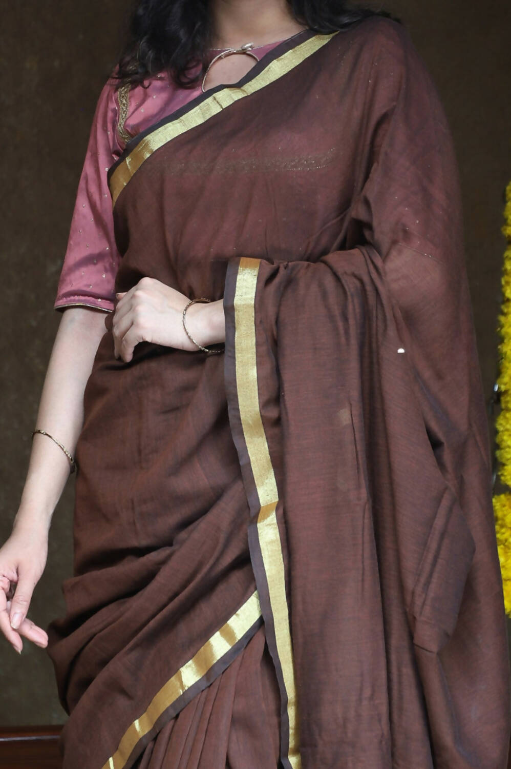 Very Much Indian Pure Cotton Handloom Saree With Intricate Borders - Brown - Distacart