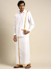 Thumbnail for Ramraj Cotton Premium Wedding White Regular Dhoti, Shirt & Towel Set Arathi 1/2