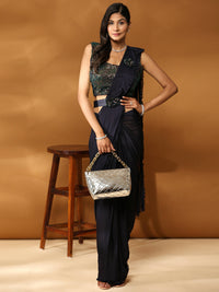 Thumbnail for Navy Blue Imported Fabric Plain Ready to wear Saree with stitched Blouse - Vrinda - Distacart