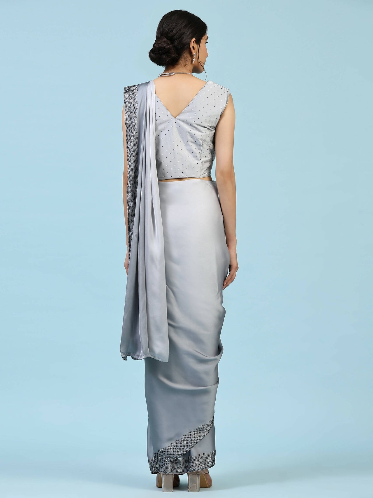 Grey Ombre Satin Georgette Plain Ready to wear Saree with stitched Blouse - Vrinda - Distacart