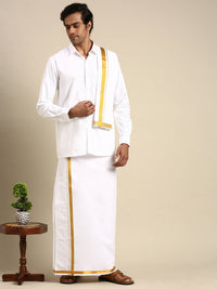 Thumbnail for Ramraj Cotton Mens Premium Wedding Cotton White Dhoti with shirt Bit & Towel Set - Distacart