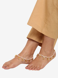 Thumbnail for Gold-Plated White Handcrafted Kundan Set Of 2-Studded Beaded Anklets - Ruby Raang - Distacart