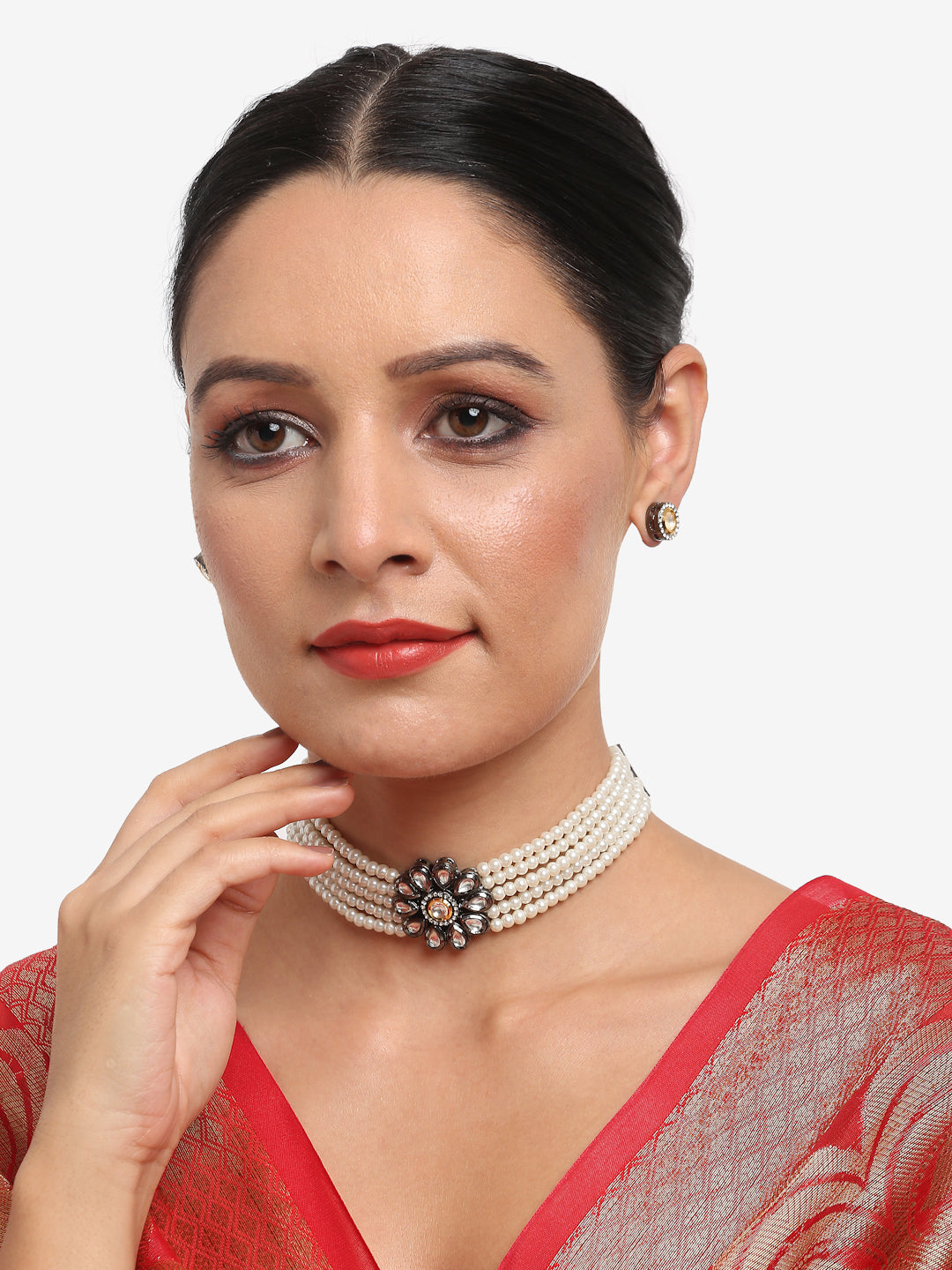 Silver-Plated Kundan Pearl Choker With Studs - Ruby Raang - Distacart