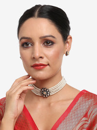 Thumbnail for Silver-Plated Kundan Pearl Choker With Studs - Ruby Raang - Distacart