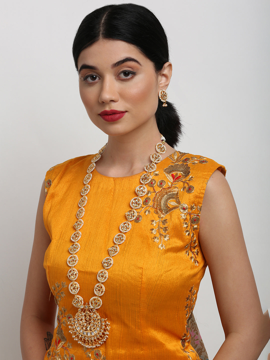 Long Kundan Neckpiece With Studs - Ruby Raang - Distacart