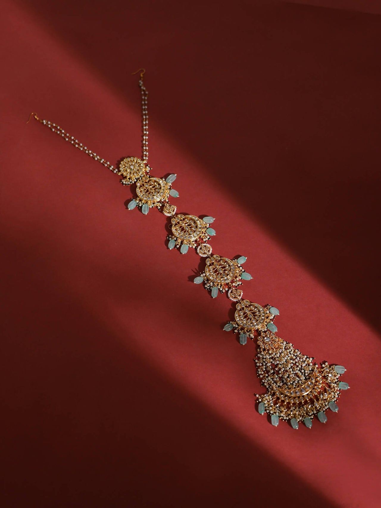 Gold-Plated White Blue Kundan-Studded Pearl Beaded Matha Patti - Ruby Raang - Distacart