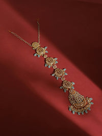 Thumbnail for Gold-Plated White Blue Kundan-Studded Pearl Beaded Matha Patti - Ruby Raang - Distacart