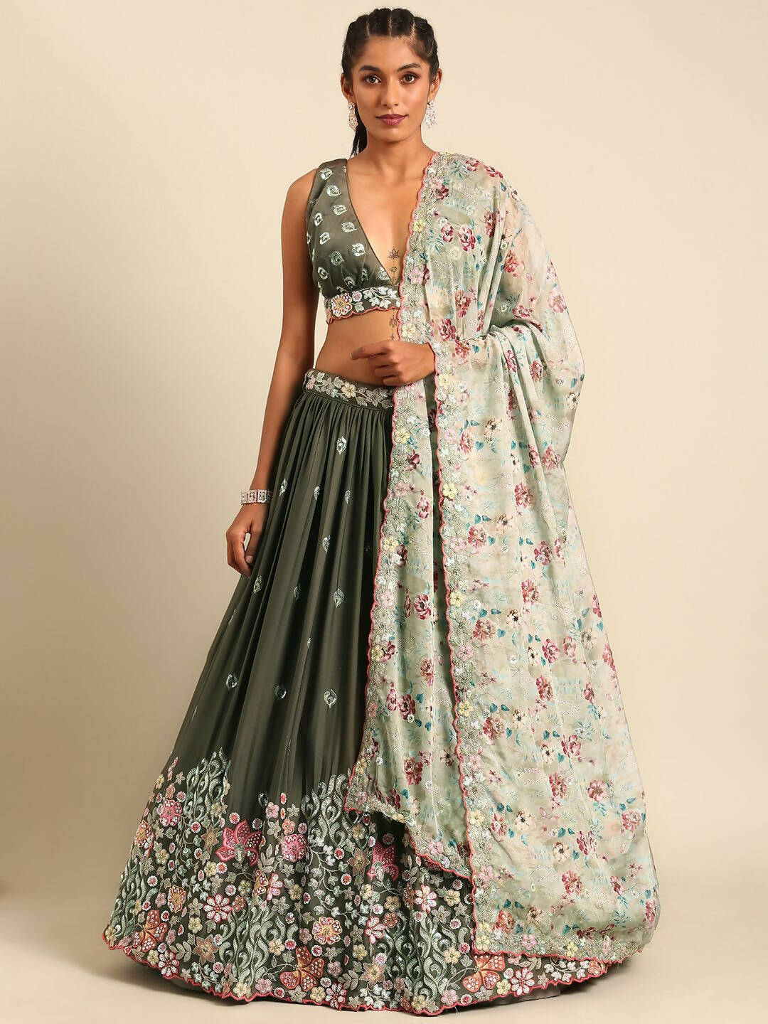 House of Panchhi Olive Chinon Sequins embroidery Lehenga choli & Dupatta - Distacart