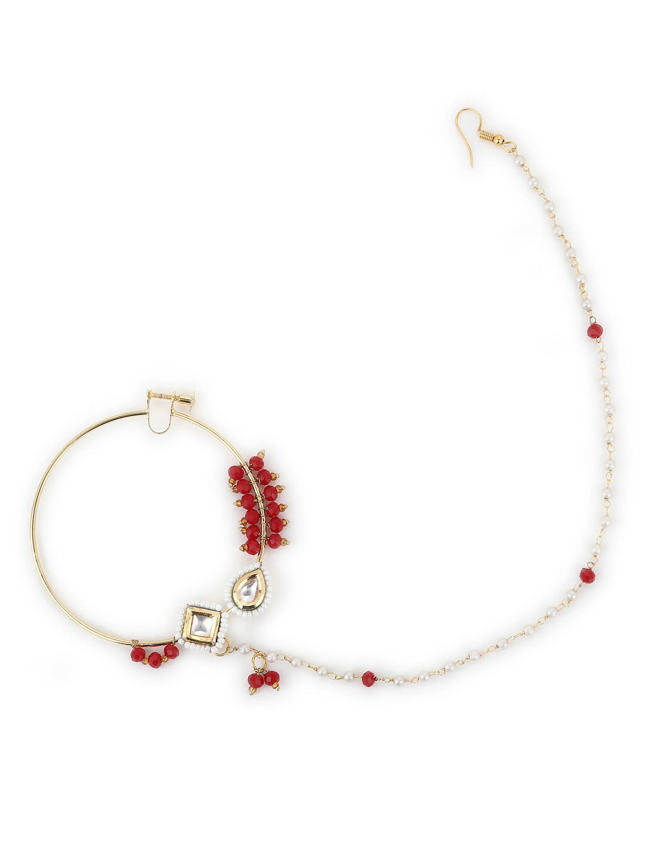 Gold-Plated White Red Stone-Studded Pearl Beaded Nosepin - Ruby Raang - Distacart