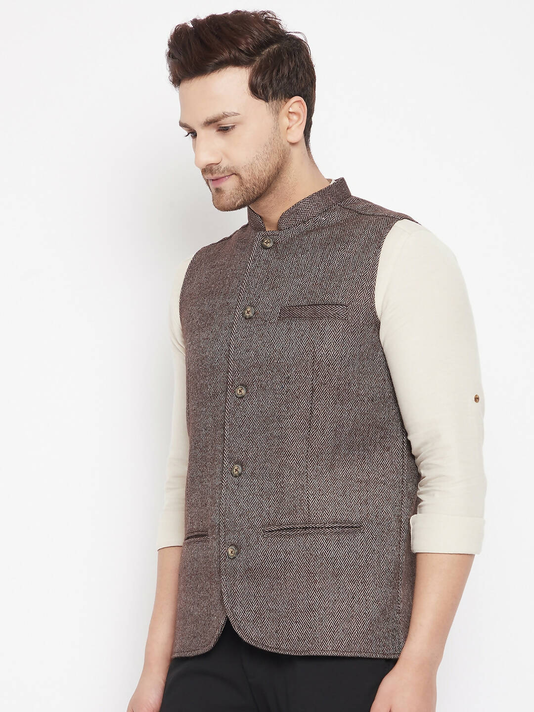 Buy Printed Banarasi Silk Nehru Jacket in Brown (NMK-6454) Online