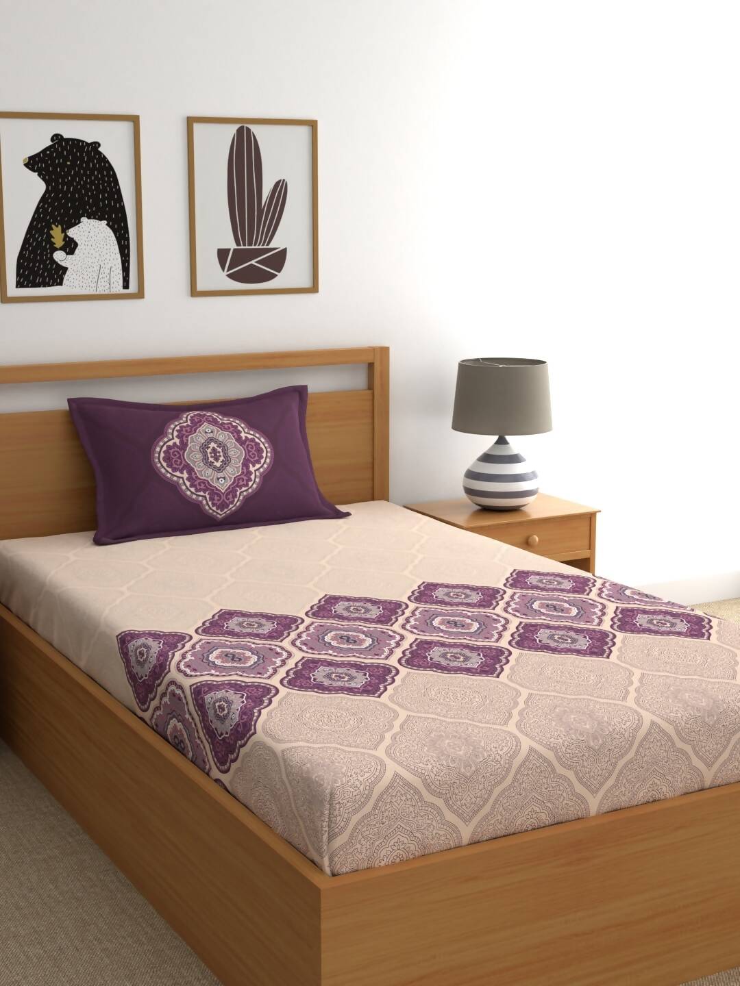 Dreamscape Purple & Cream-Coloured 144 TC Bedsheet with Pillow Covers - Distacart
