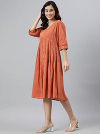 Thumbnail for Janasya Women's Coral Orange Cotton Solid Flared Western Dress - Distacart