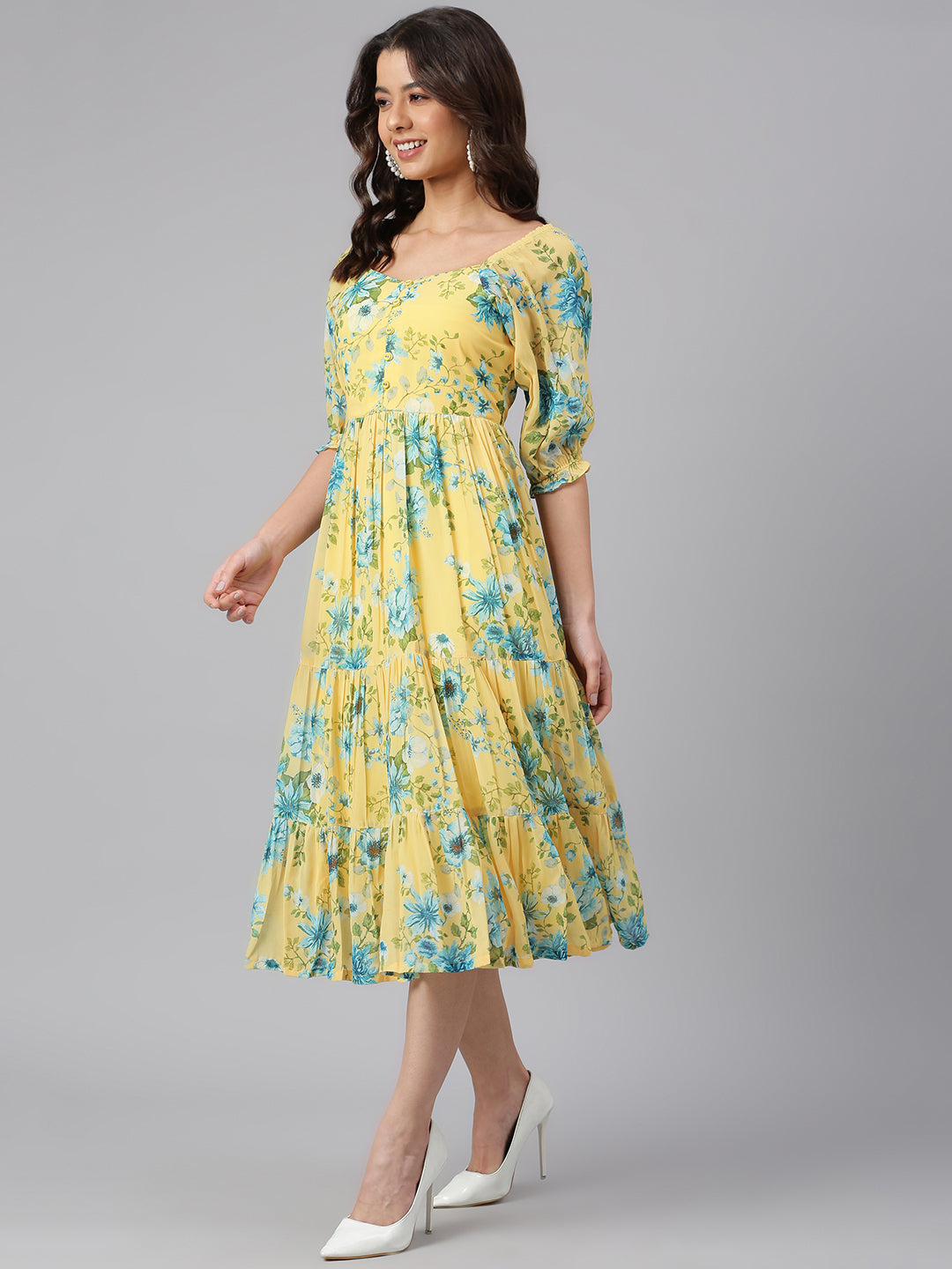 Buy FASHION QUEEN Western Dresses for Women Green Floral Print Mandarin  Collar with 3/4 Sleeves Georgette Fabric Maxi Length Dress (X-Small) at  Amazon.in
