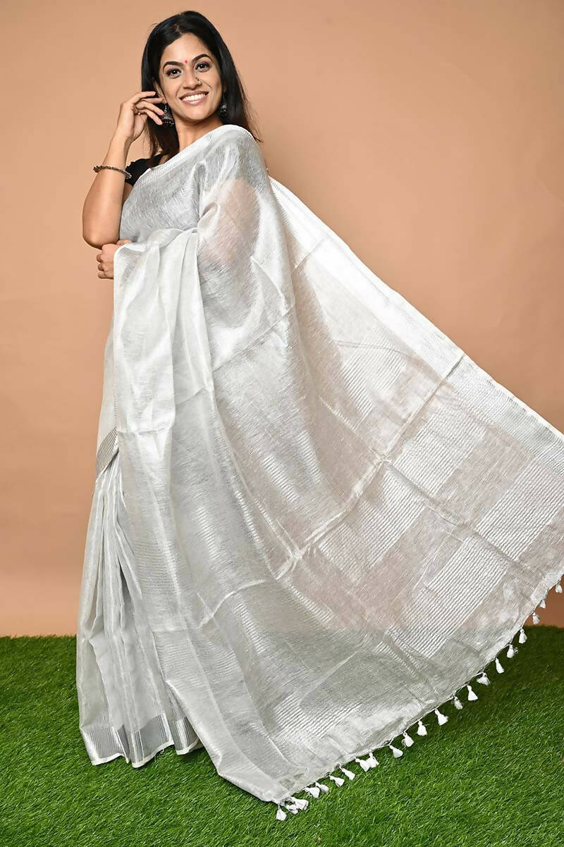 Very Much Indian Pure Linen Saree With Sleek Border And Exclusive Design - White - Distacart