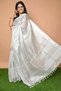 Thumbnail for Very Much Indian Pure Linen Saree With Sleek Border And Exclusive Design - White - Distacart