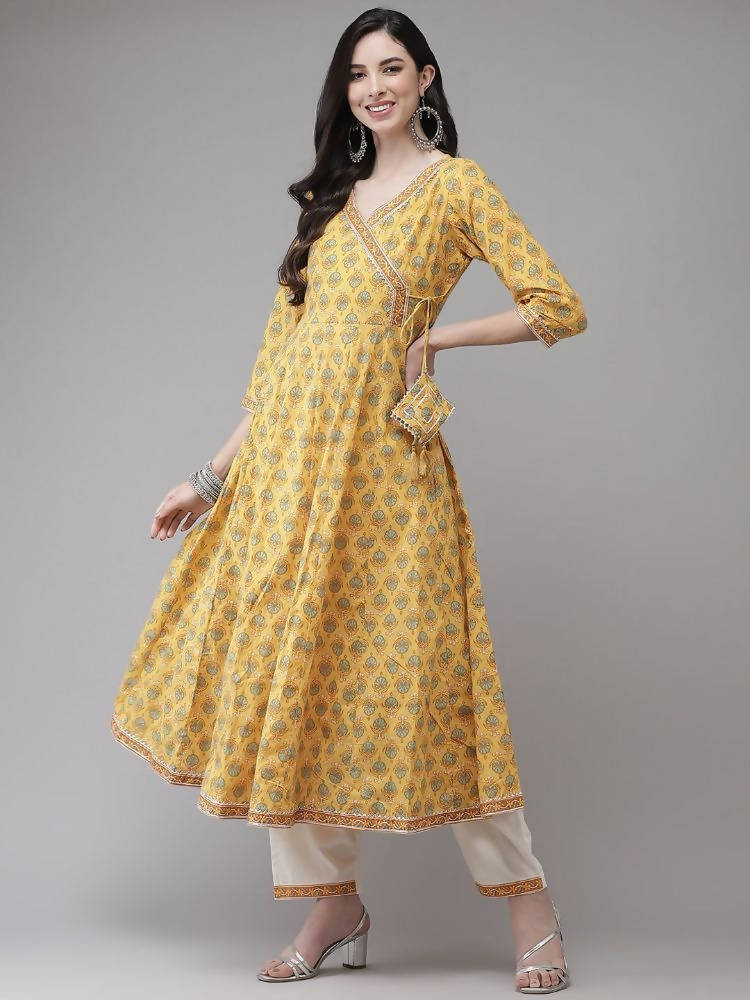 Yufta Women Yellow Floral Print Angrakha Pure Cotton Kurta and Trouser With Dupatta