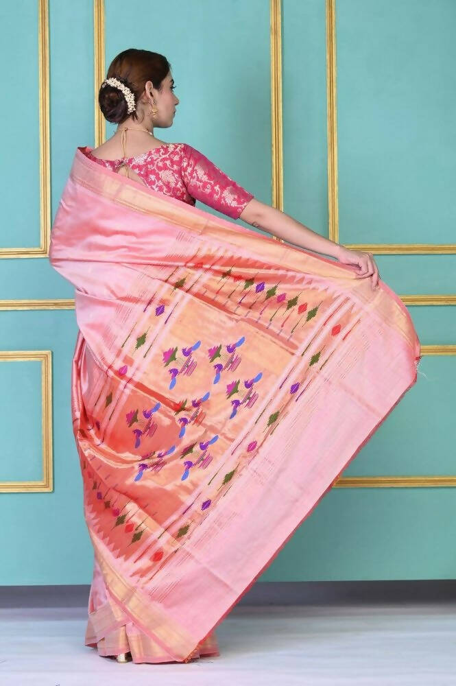 Very Much Indian Traditional Pretty Peach Pure Silk Double Pallu Paithani With Designer Peacocks Pallu - Distacart