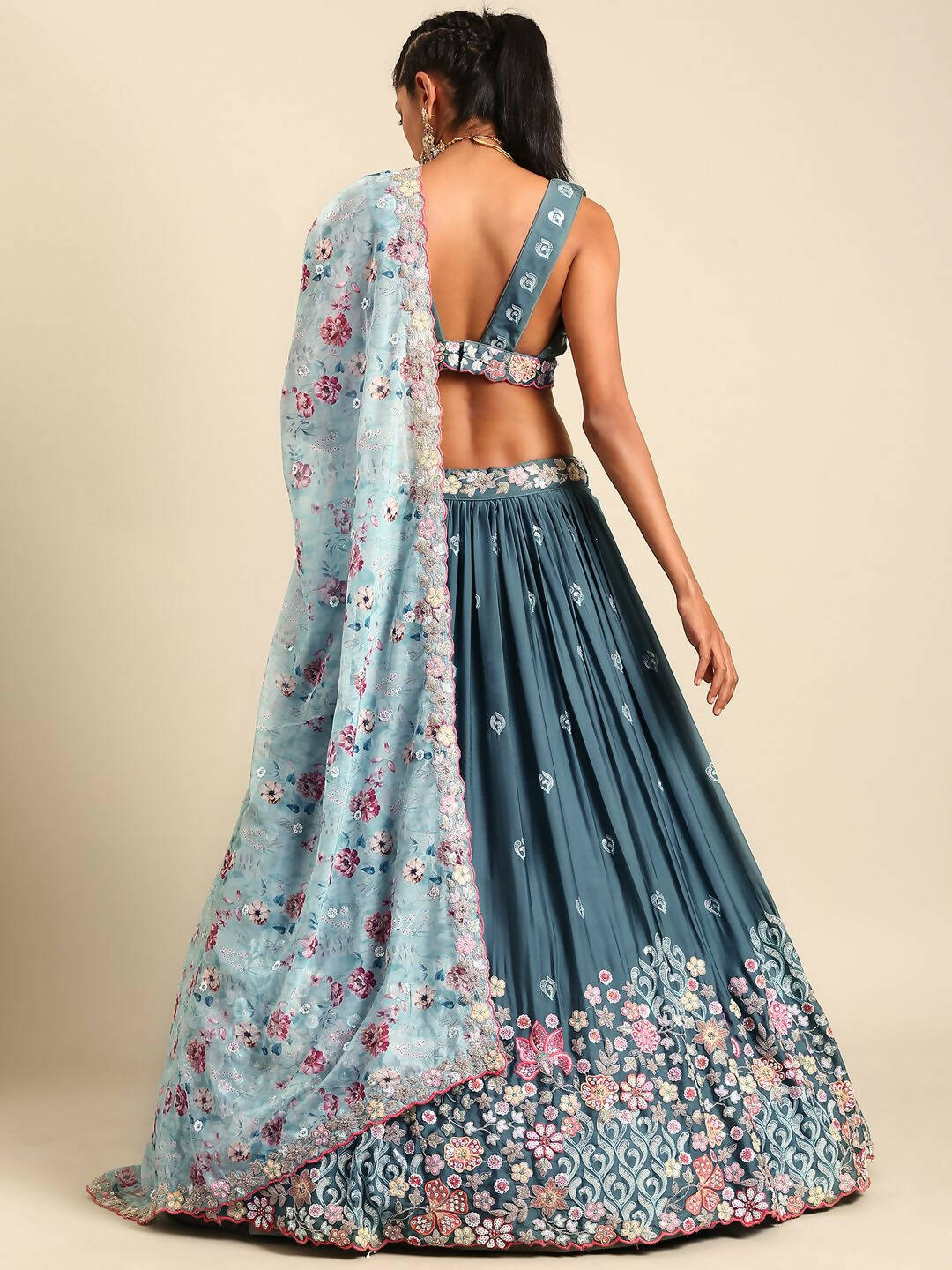 House of Panchhi Teal Blue Chinon Sequins embroidery Lehenga choli & Dupatta - Distacart