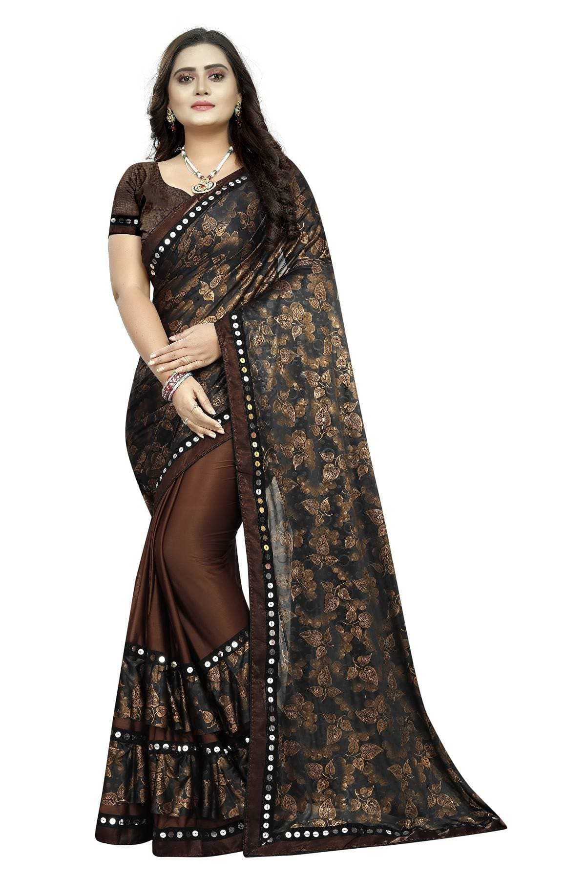 Vamika Brown Lycra Blend Printed Saree