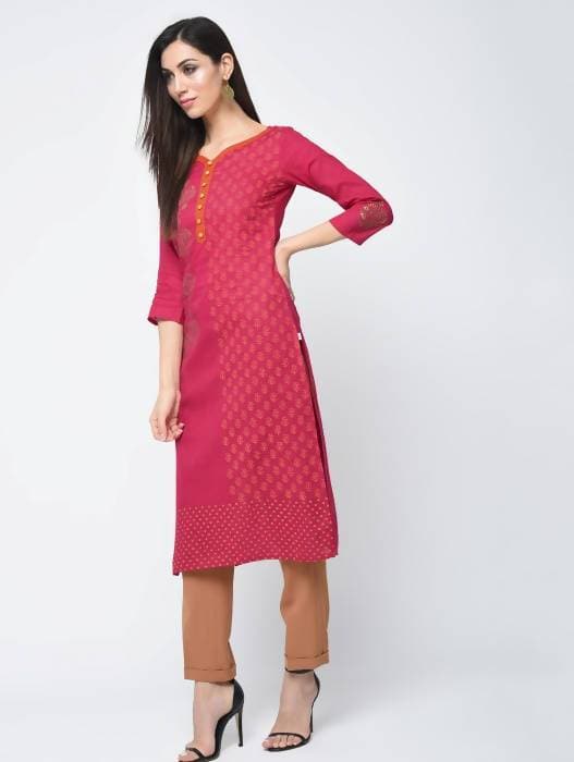 Aniyah Cotton Block Printed Traditional Straight Kurta In Magenta Color (AN-125K)