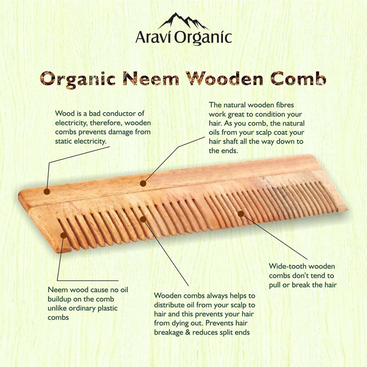 Aravi Organic Neem Wood Comb Fine and Wide Tooth - Distacart