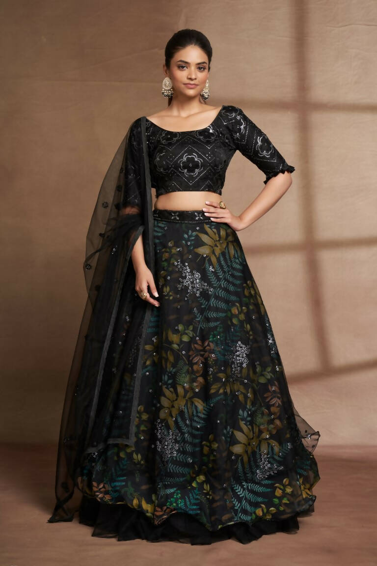 Aastha Fashion Women's Black Organza with Net Digital Printed & Sequins Embroidery Wedding Lehenga Choli - Distacart