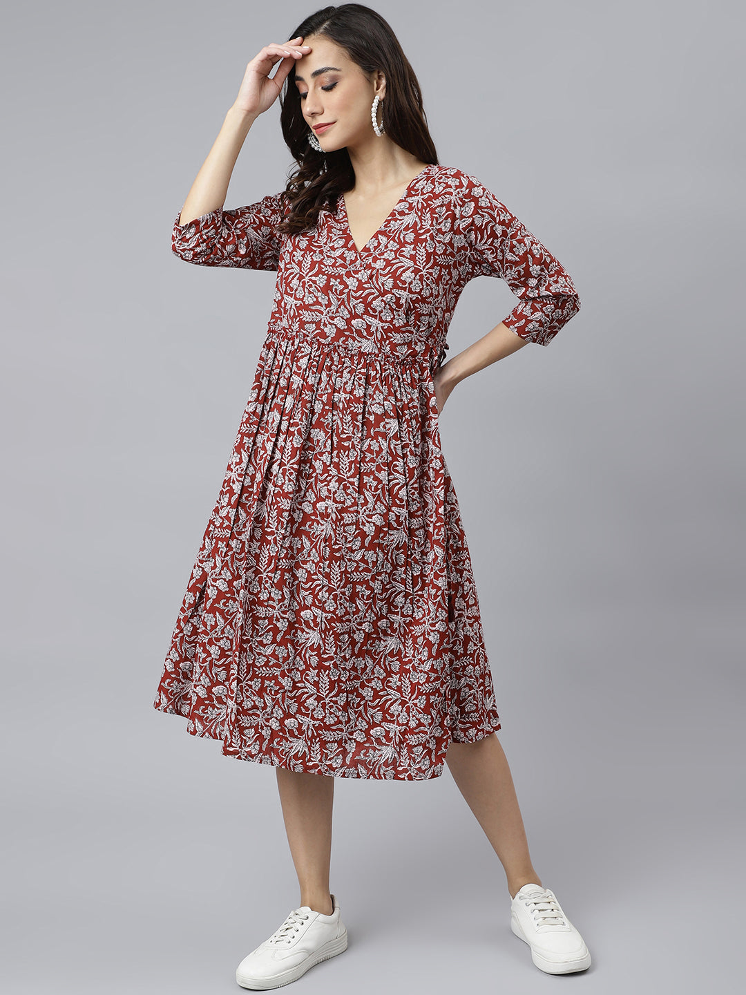Janasya Women's Maroon Cotton Floral Printed Angrakha Western Dress - Distacart